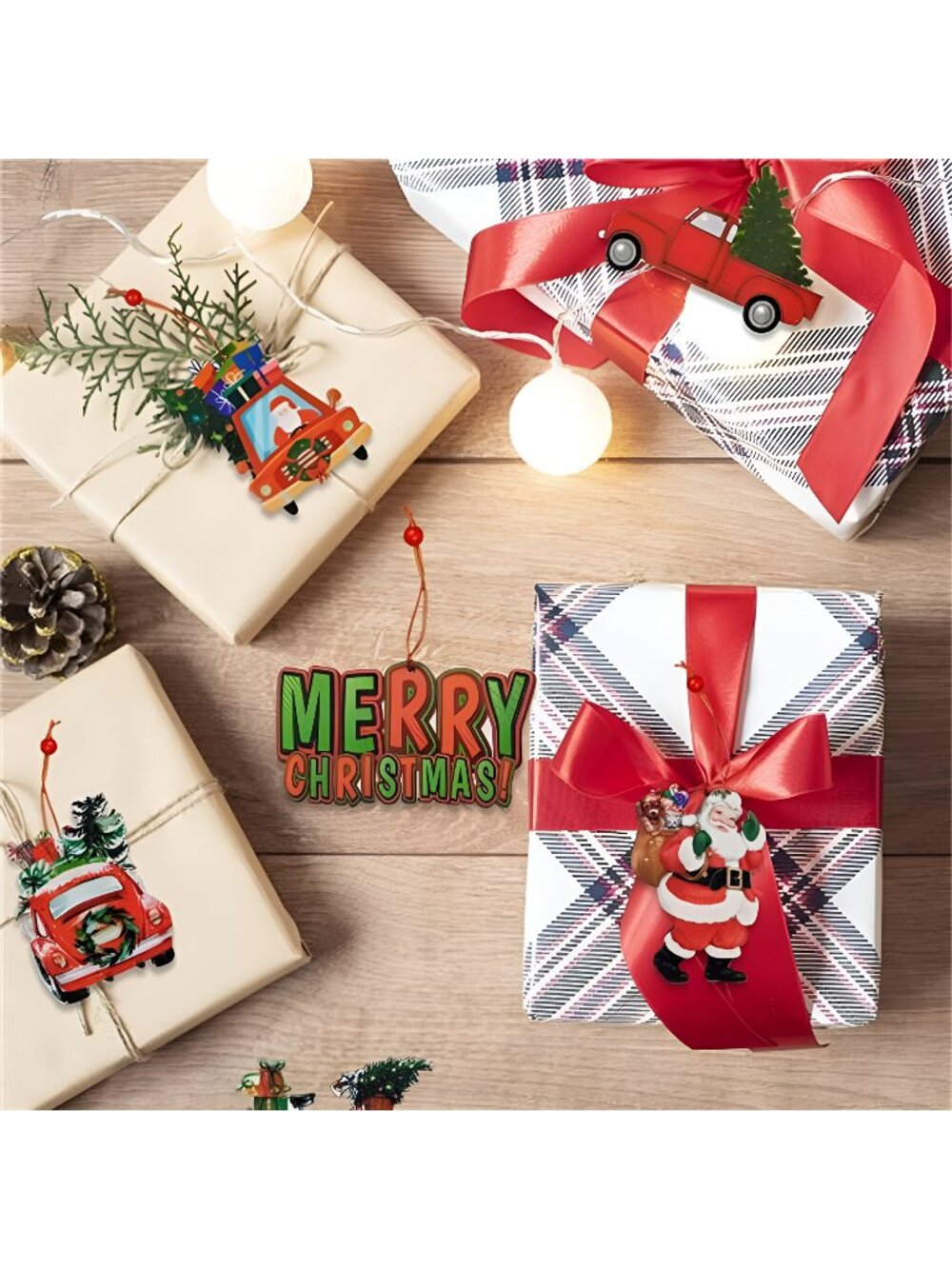Christmas Tree Ornaments Red Truck, 12 Pcs Hanging Wooden Set, Santa Claus